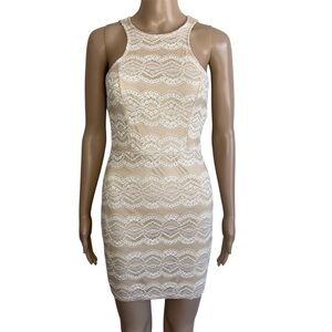 Just Me Beige Crewneck Lace Cutout Sleeveless Mini Cocktail Bodycon Dress